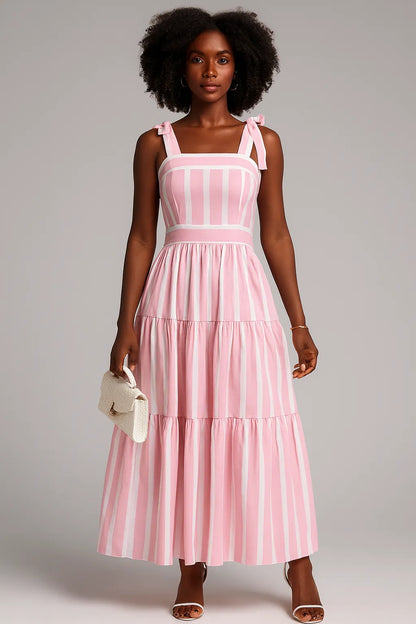 Vestido longo Paty em listras rosa, com alças de amarrar e modelagem ajustável para conforto
