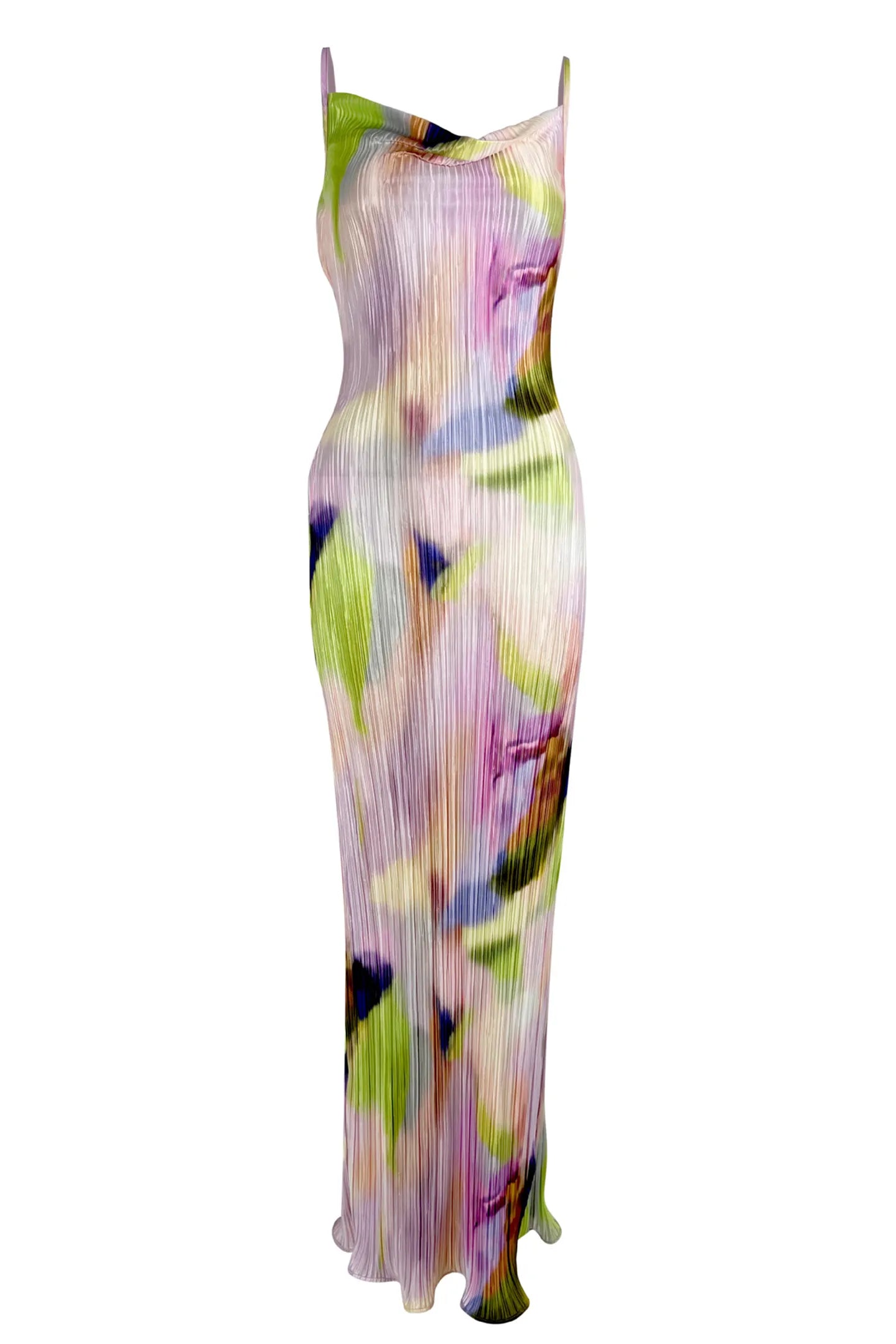 Vestido Valerie longo plissado estampa abstrata aquarela com alças finas ajustáveis